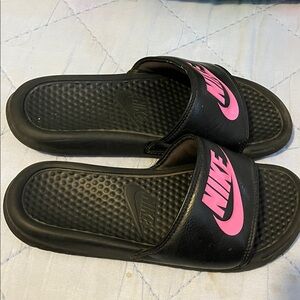 Nike Black Slides with Pink Logo